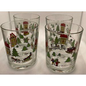 Vintage 1987 Action Industries Christmas Glasses Glass Set 4 Santa Tree Sleigh